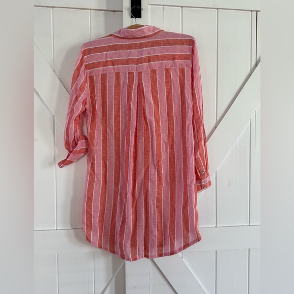 Cynthia Rowley Linen Striped Coral/Pink Button Down Tunic Cover-up Dress - Picture 5 of 6